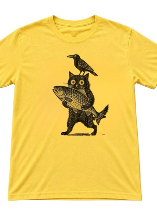 Gildan Tops - Gildan Yellow Graphic Tee with Black Cat, Fish & Crow Print
